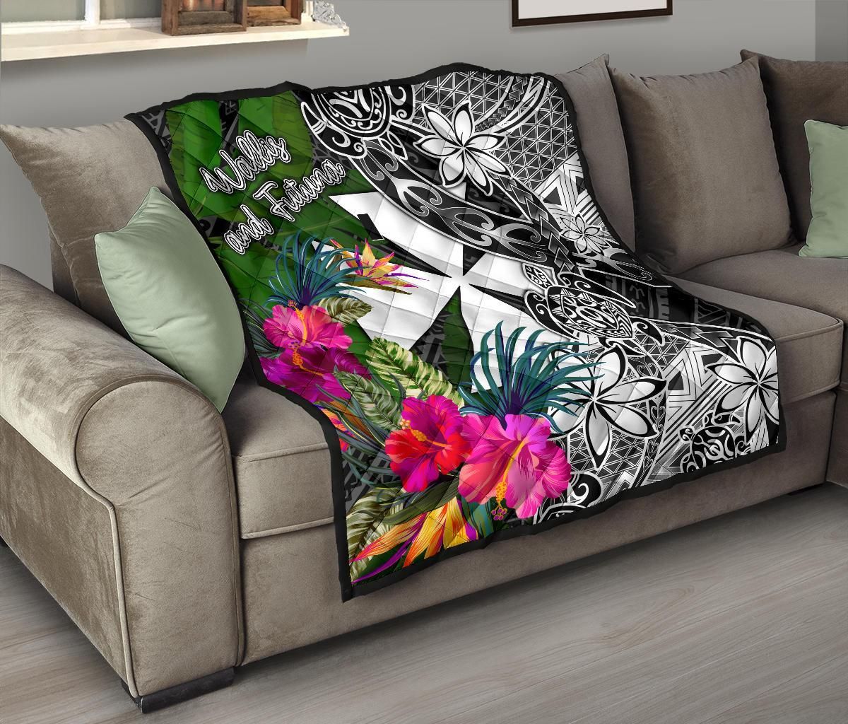 Wallis and Futuna Premium Quilt - Turtle Plumeria Banana Leaf