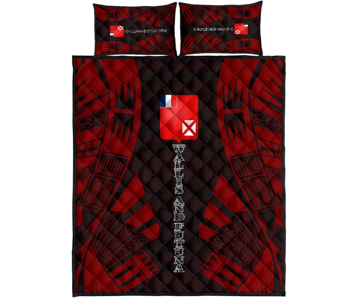 Wallis and Futuna Quilt Bed Set - Wallis and Futuna Coat Of Arms & Polynesian Red Tattoo Style