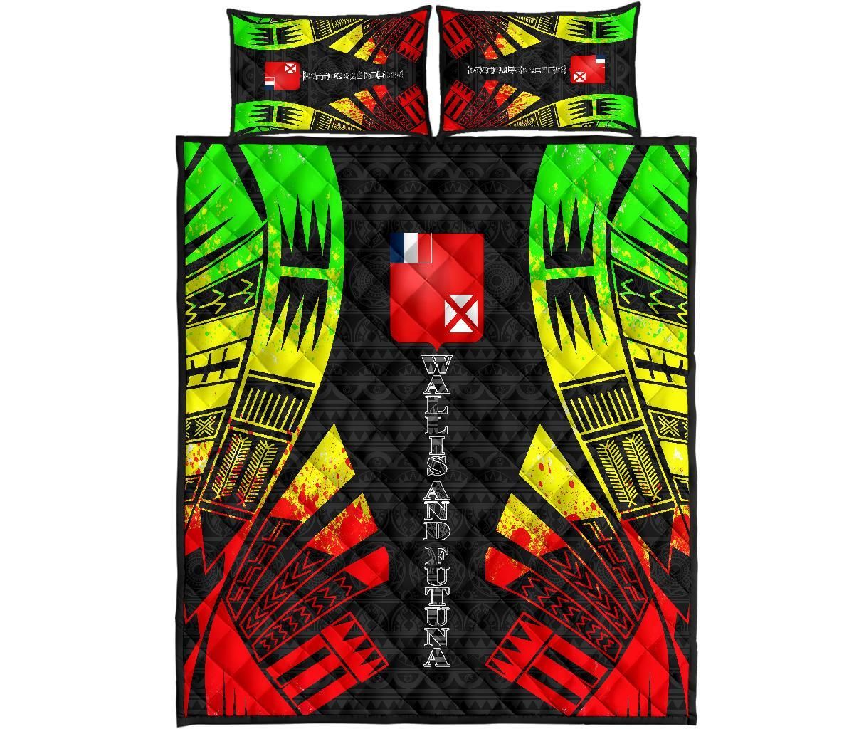 Wallis and Futuna Quilt Bed Set - Wallis and Futuna Coat Of Arms & Polynesian Reggae Tattoo Style