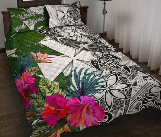 Wallis And Futuna Quilt Bed Set White - Turtle Plumeria Banana Leaf
