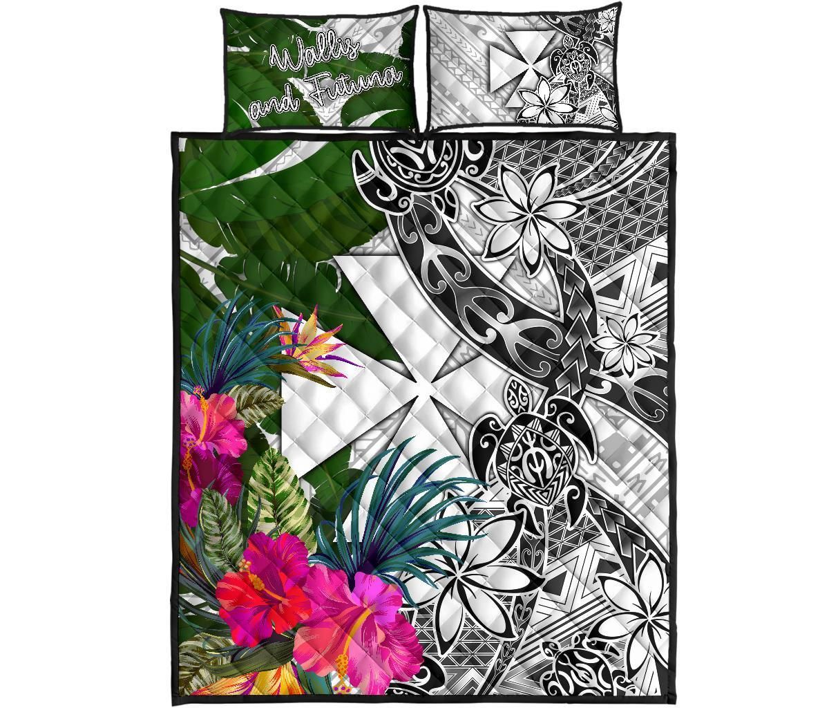 Wallis And Futuna Quilt Bed Set White - Turtle Plumeria Banana Leaf