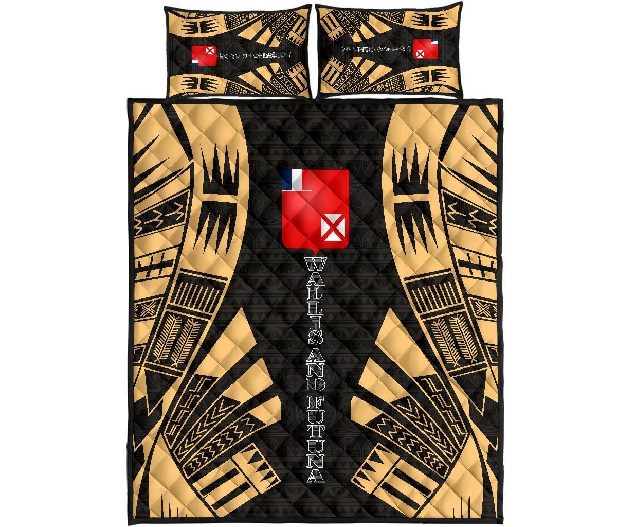 Wallis and Futuna Quilt Bed Set - Wallis and Futuna Coat Of Arms & Polynesian Yellow Tattoo Style