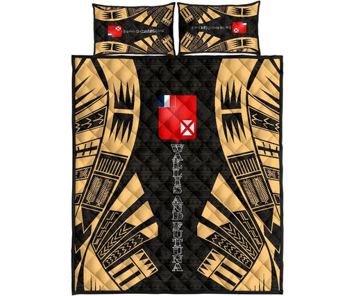 Wallis and Futuna Quilt Bed Set - Wallis and Futuna Coat Of Arms & Polynesian Yellow Tattoo Style