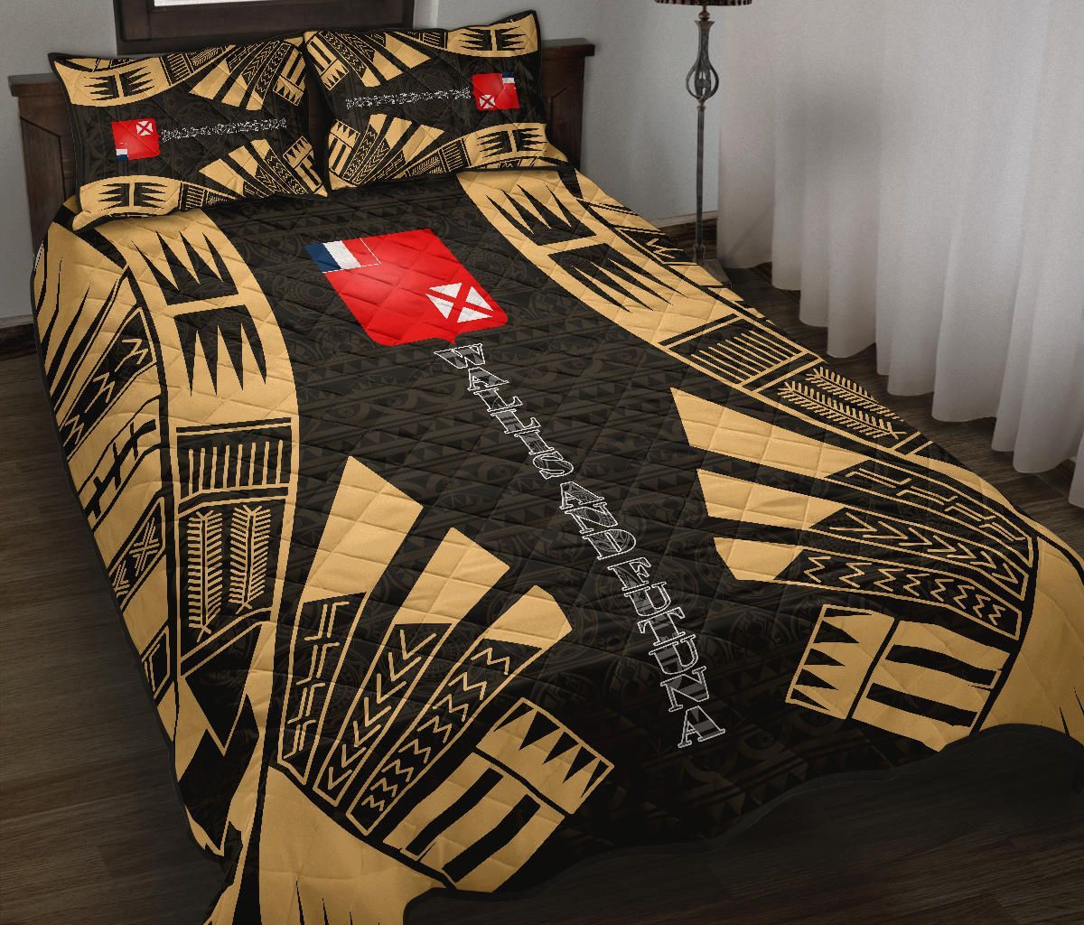 Wallis and Futuna Quilt Bed Set - Wallis and Futuna Coat Of Arms & Polynesian Yellow Tattoo Style