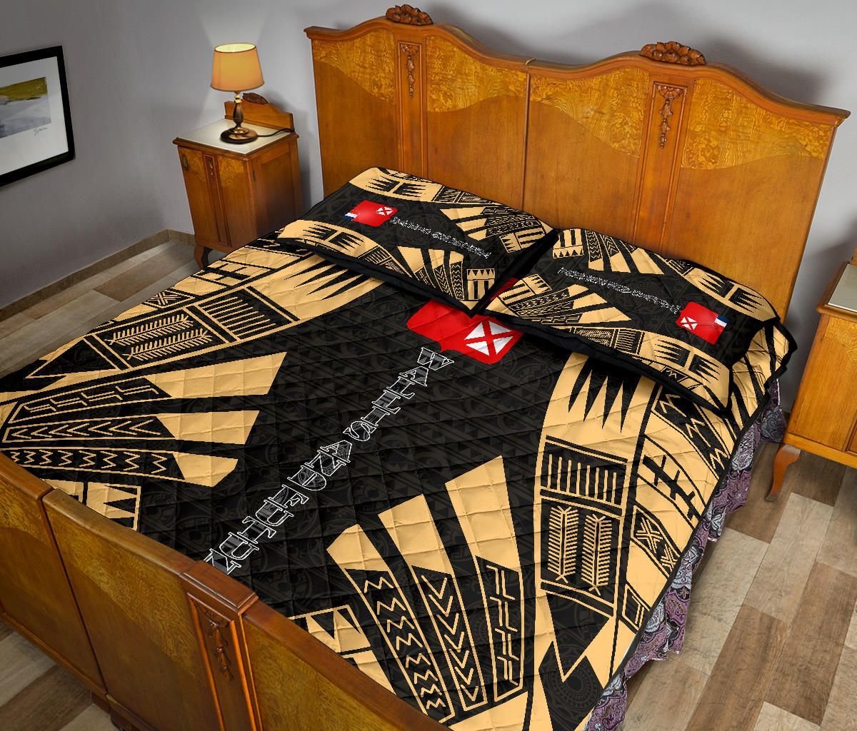 Wallis and Futuna Quilt Bed Set - Wallis and Futuna Coat Of Arms & Polynesian Yellow Tattoo Style