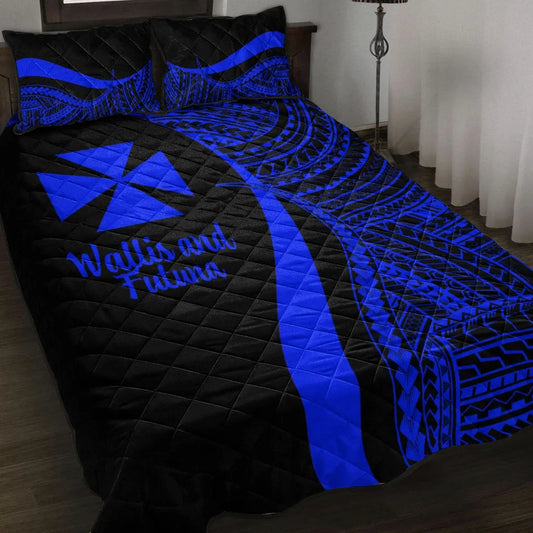 Wallis and Futuna Quilt Bed Set - Blue Polynesian Tentacle Tribal Pattern