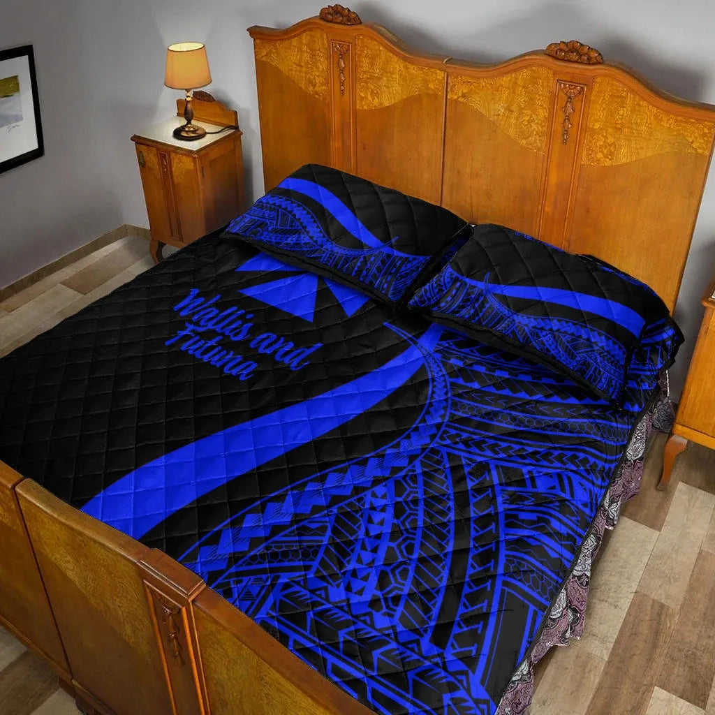 Wallis and Futuna Quilt Bed Set - Blue Polynesian Tentacle Tribal Pattern