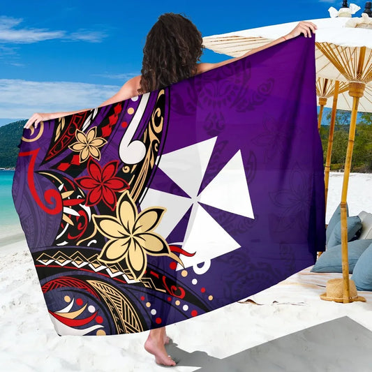 Wallis and Futuna Sarong - Tribal Flower With Special Turtles Purple Color