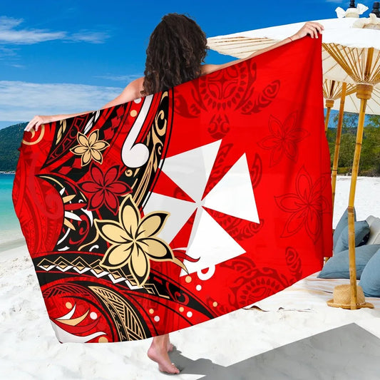 Wallis and Futuna Sarong - Tribal Flower With Special Turtles Red Color