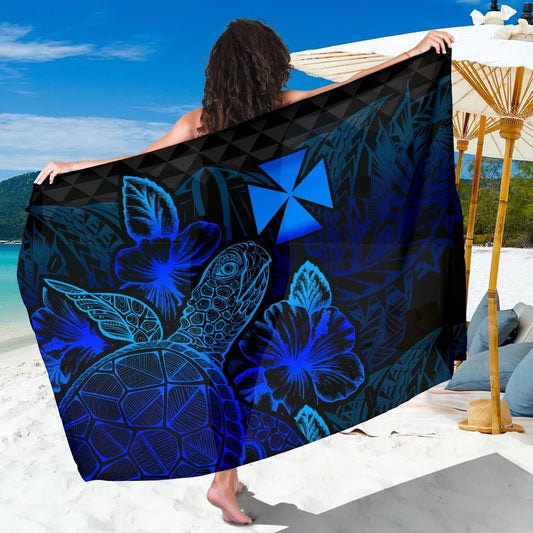 Wallis And Futuna Sarong - Turtle Hibiscus Pattern Blue