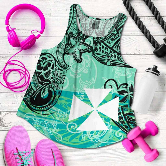 Wallis and Futuna Women Racerback Tank - Vintage Floral Pattern Green Color