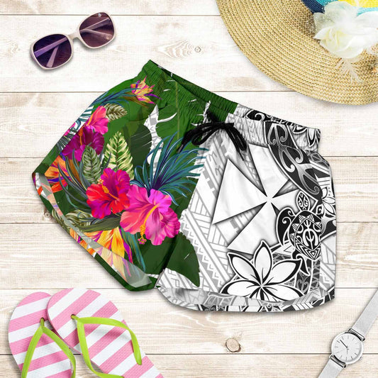 Wallis And Futuna Women Shorts White - Turtle Plumeria Banana Leaf