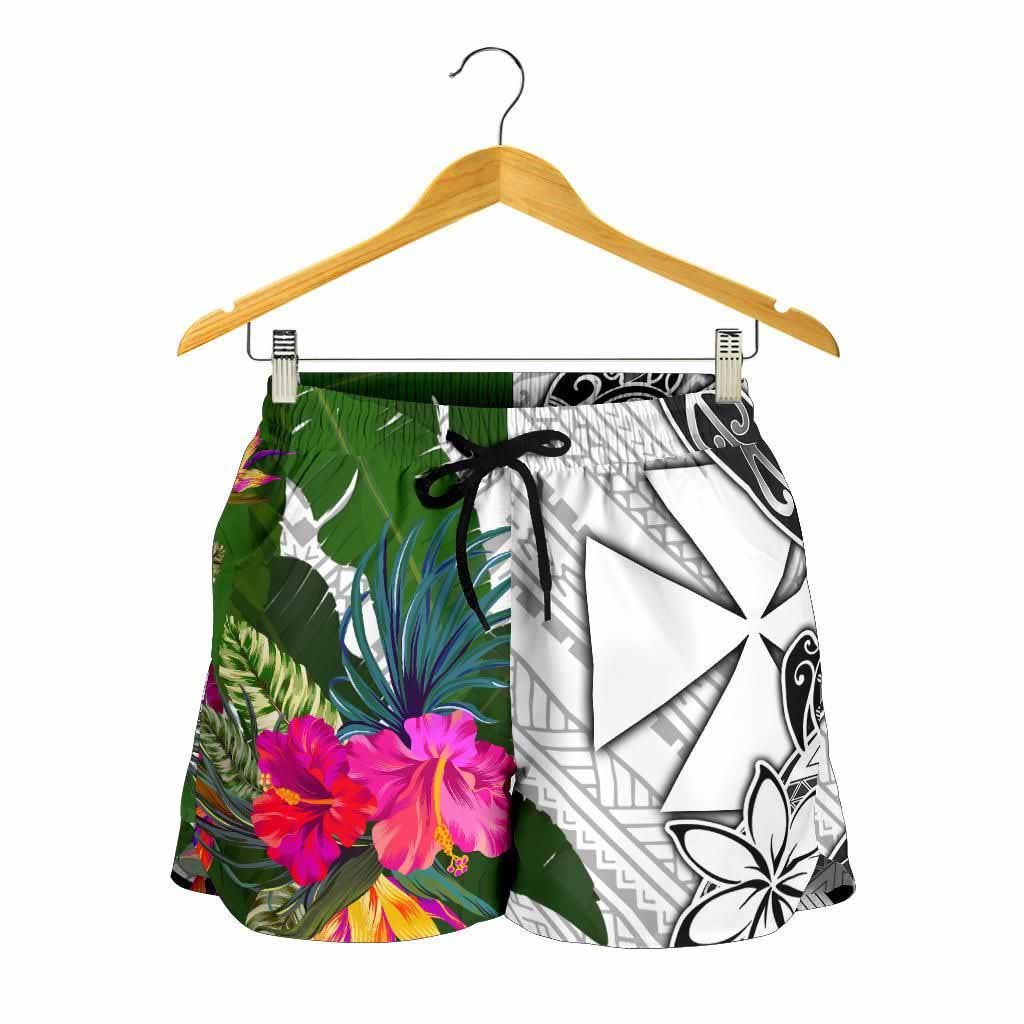 Wallis And Futuna Women Shorts White - Turtle Plumeria Banana Leaf