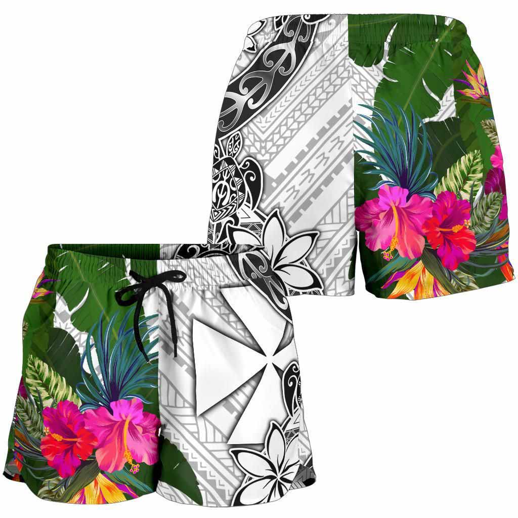 Wallis And Futuna Women Shorts White - Turtle Plumeria Banana Leaf