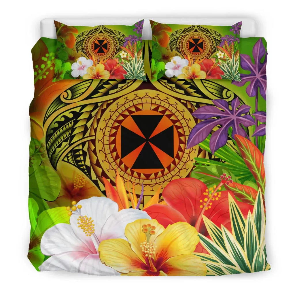 Wallis And Futuna Polynesian Bedding Set - Manta Ray Tropical Flowers (Reggae)