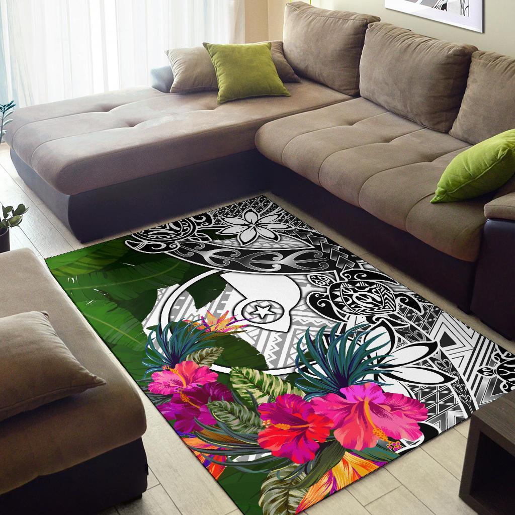 Yap Area Rug White - Turtle Plumeria Banana Leaf
