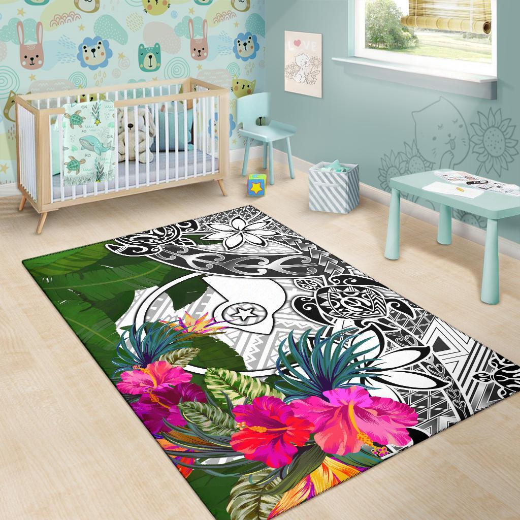 Yap Area Rug White - Turtle Plumeria Banana Leaf