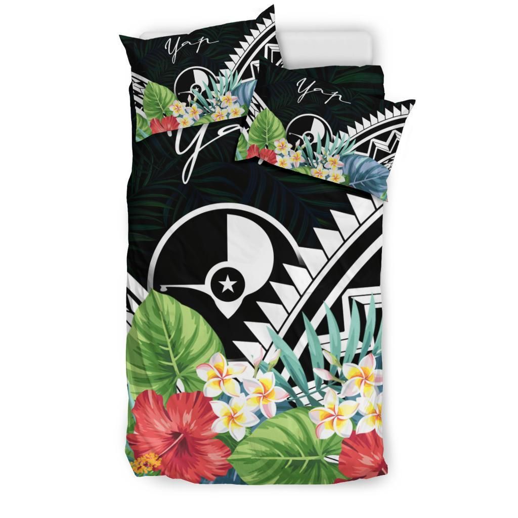 Yap Bedding Set - Yap Coat Of Arms & Polynesian Tropical Flowers White