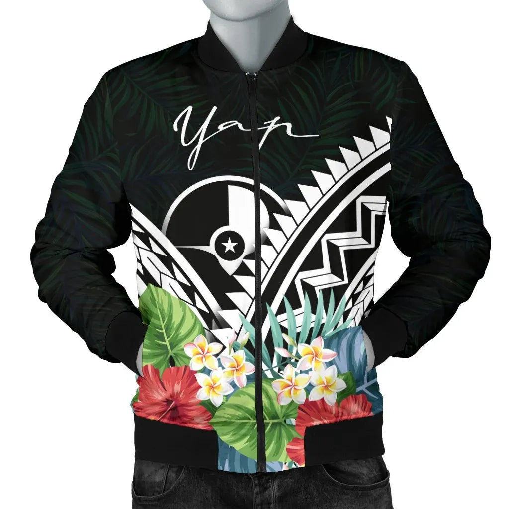 Yap Bomber Jacket - Yap Coat of Arms & Polynesian Tropical Flowers White