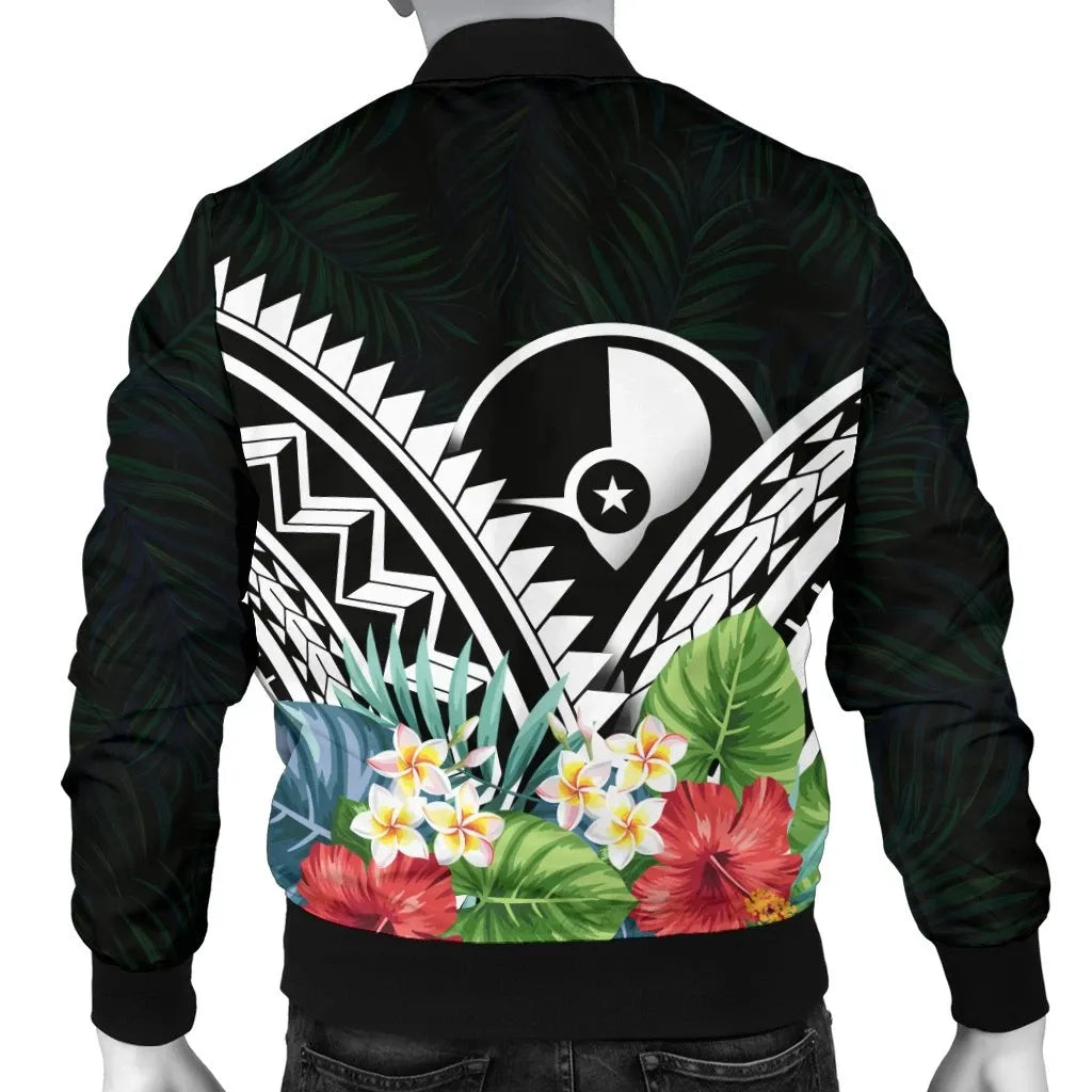 Yap Bomber Jacket - Yap Coat of Arms & Polynesian Tropical Flowers White