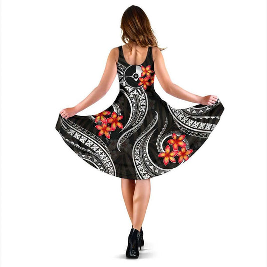 Yap Micronesian Midi Dress - Black Plumeria