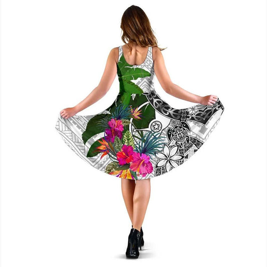 Yap Midi Dress White - Turtle Plumeria Banana Leaf