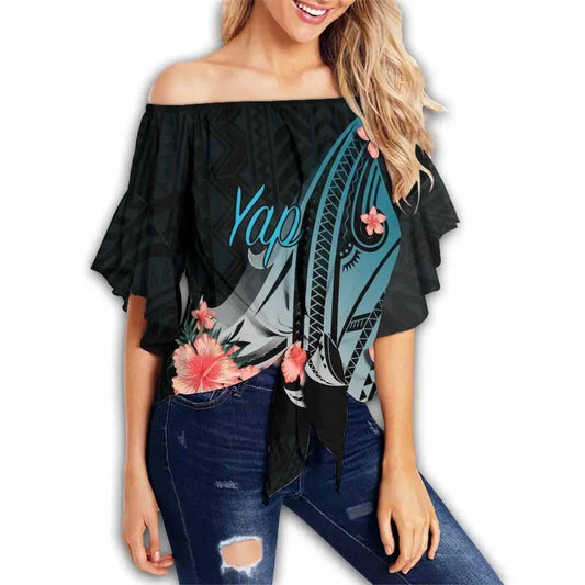 Yap Off Shoulder Wrap Waist Top - Turquoise Polynesian Hibiscus Pattern Style