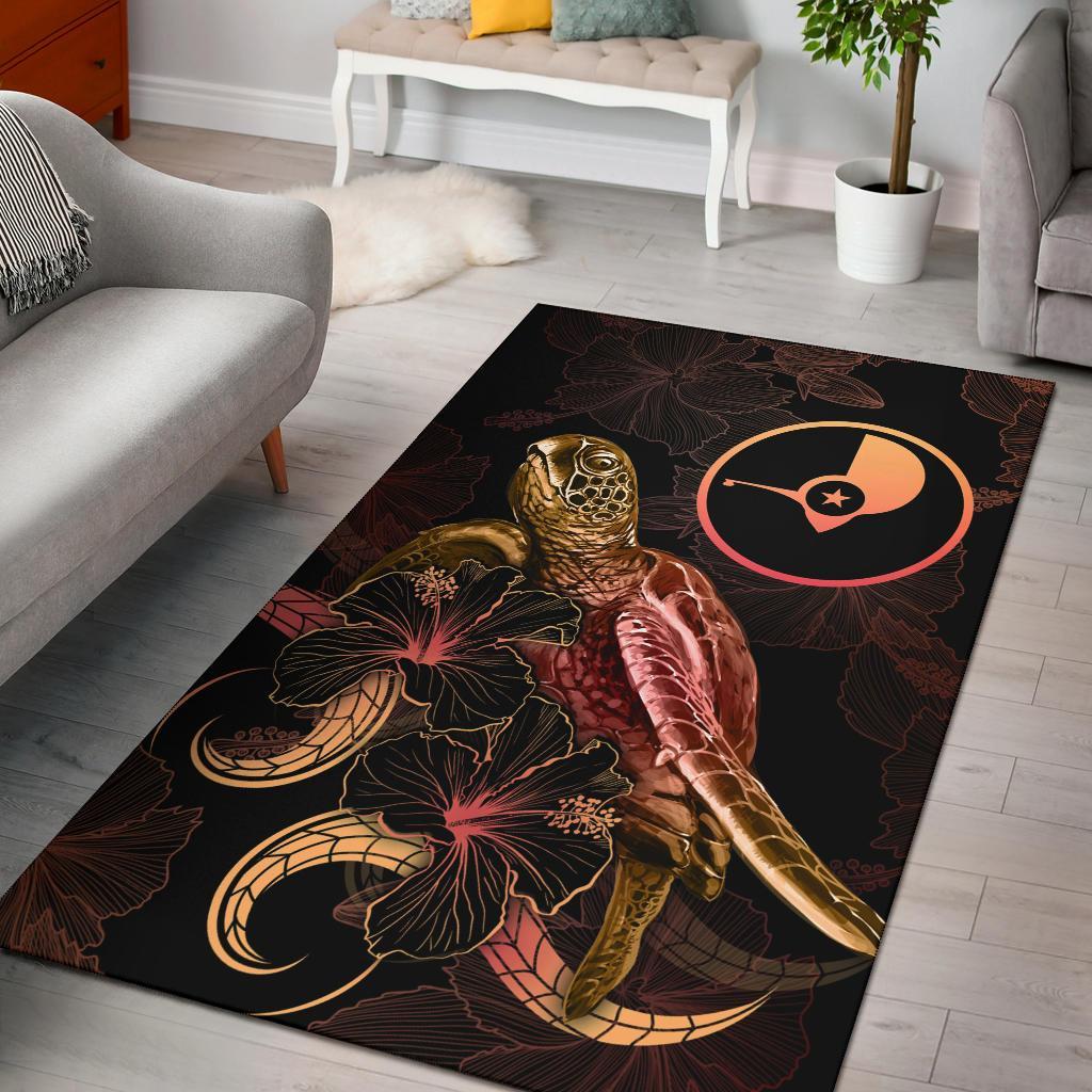 Yap Polynesian Area Rugs - Turtle With Blooming Hibiscus Gold