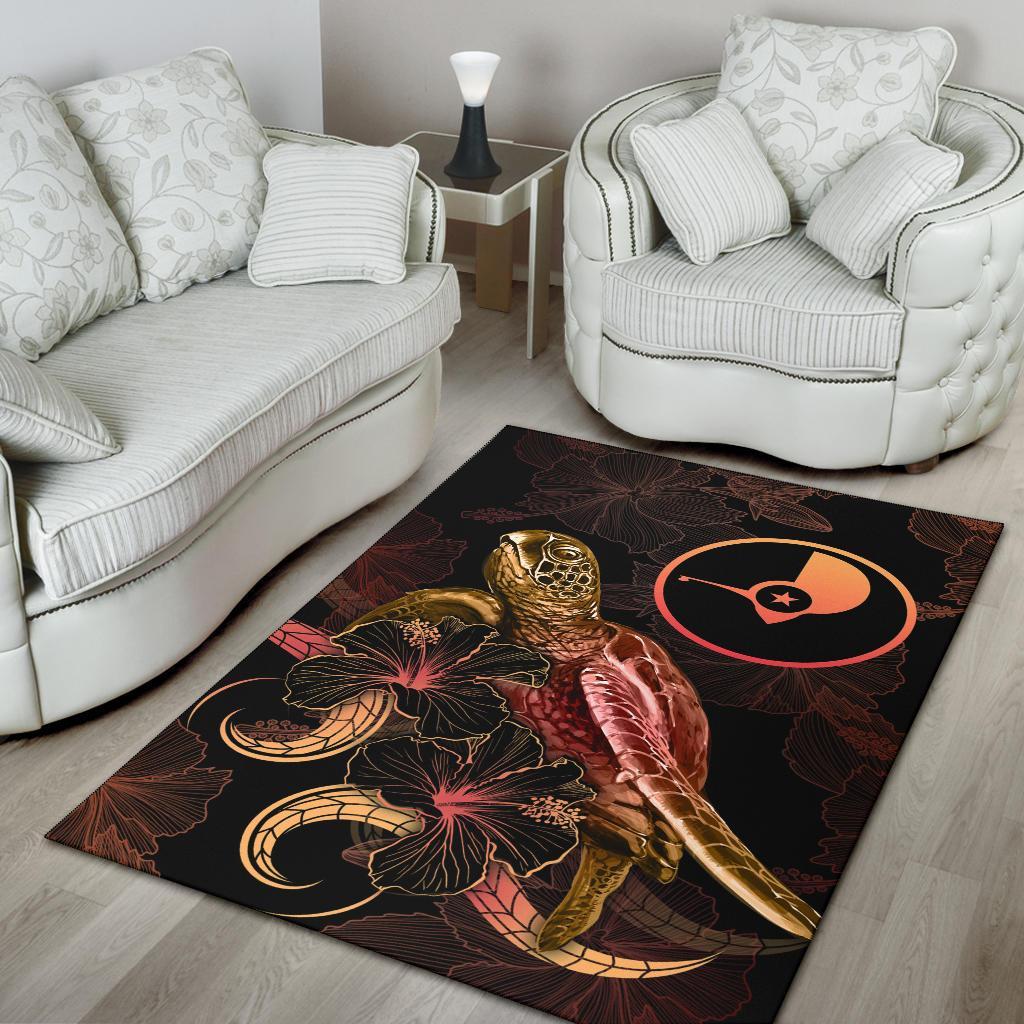 Yap Polynesian Area Rugs - Turtle With Blooming Hibiscus Gold