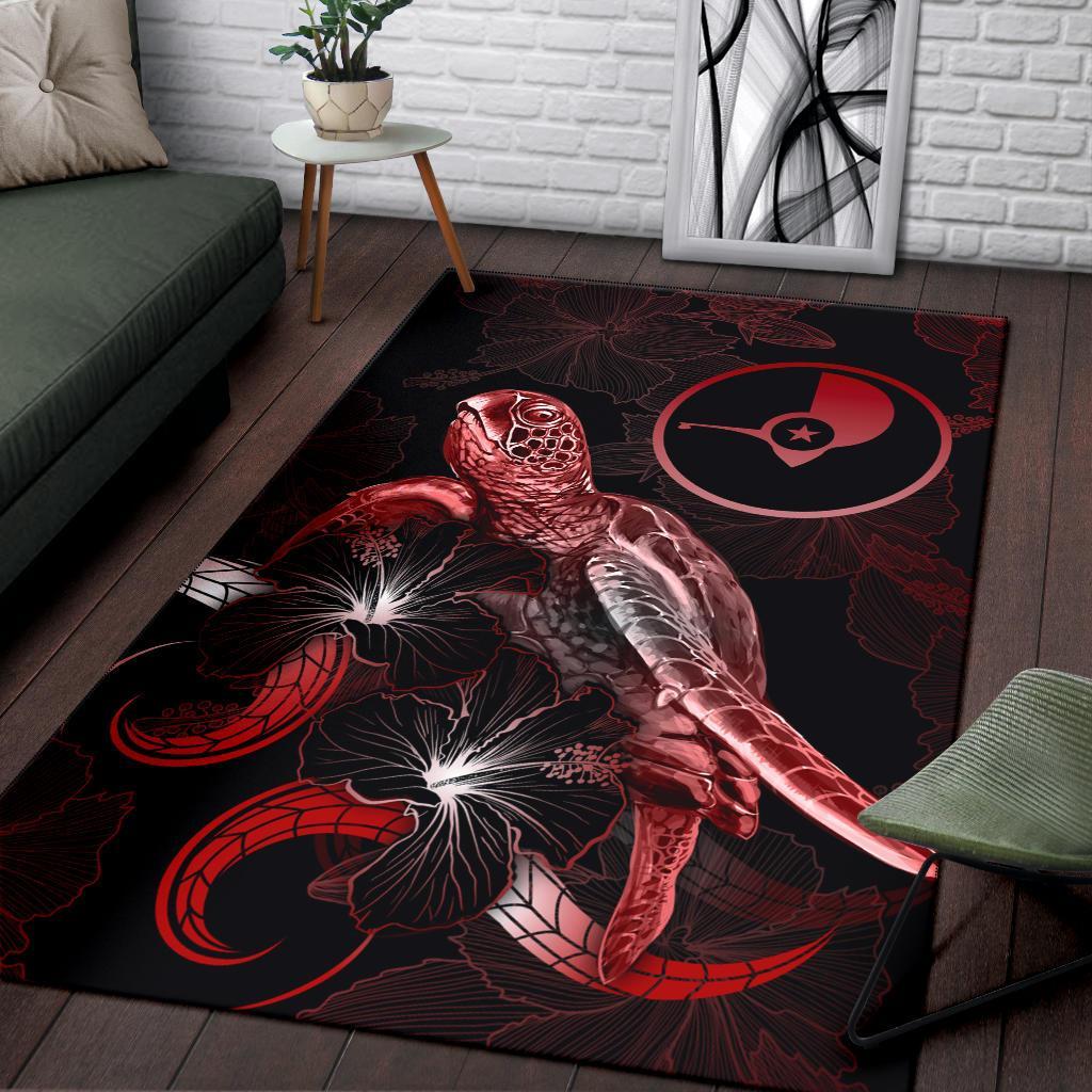 Yap Polynesian Area Rugs - Turtle With Blooming Hibiscus Red