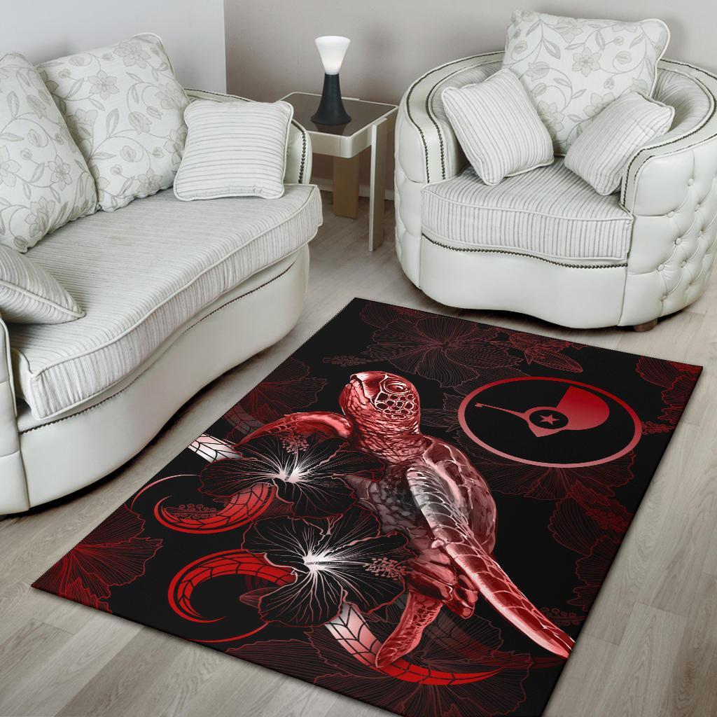 Yap Polynesian Area Rugs - Turtle With Blooming Hibiscus Red