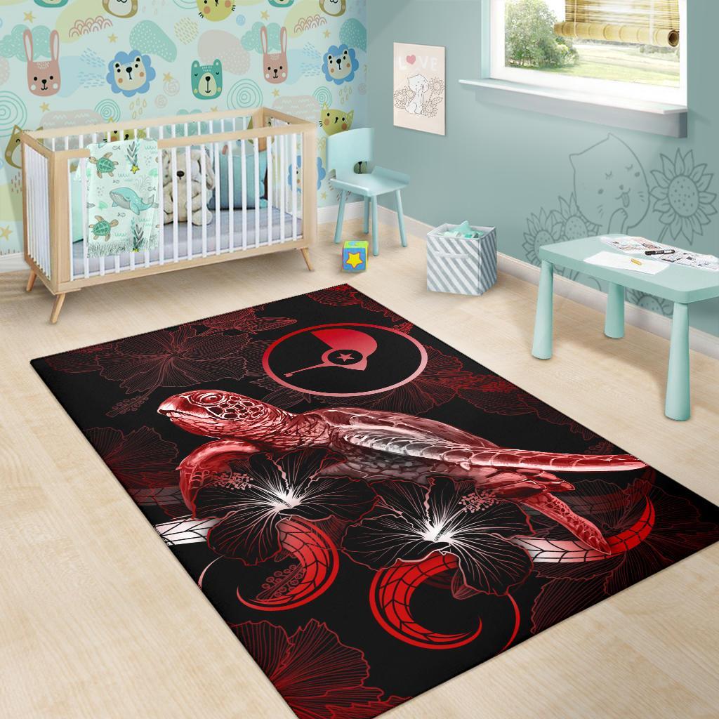 Yap Polynesian Area Rugs - Turtle With Blooming Hibiscus Red