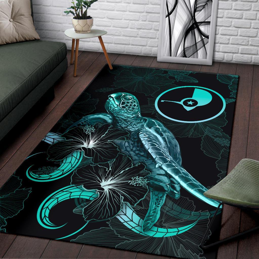 Yap Polynesian Area Rugs - Turtle With Blooming Hibiscus Turquoise
