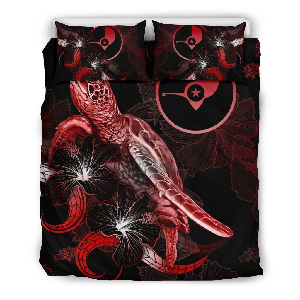 Yap Polynesian Bedding Set - Turtle With Blooming Hibiscus Red
