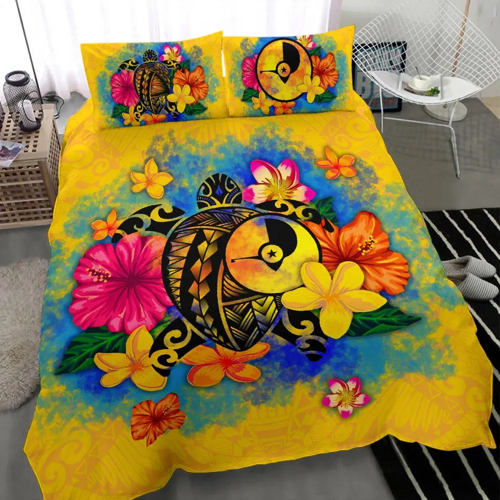 Yap Polynesian Bedding Set - Turtle With Plumeria And Hibiscus