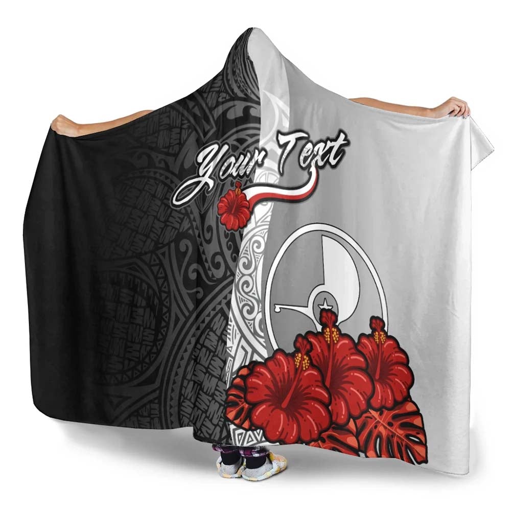 Yap Polynesian Custom Personalised Hooded Blanket- Coat Of Arm With Hibiscus White