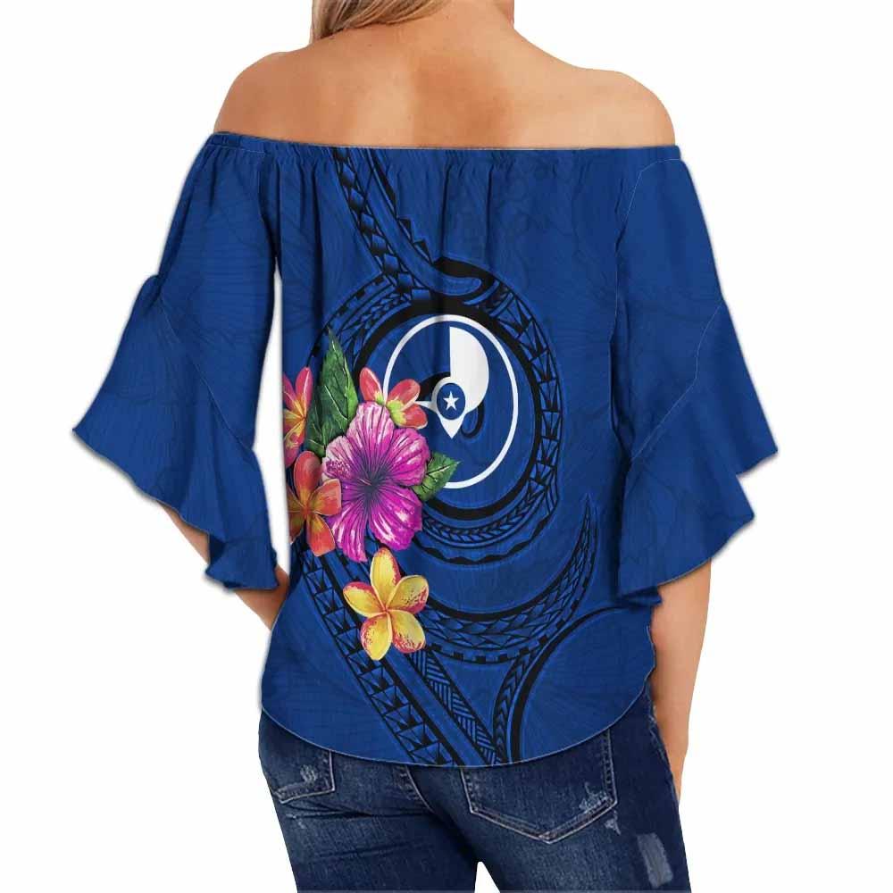 Yap Polynesian Custom Personalized Off Shoulder Wrap Waist Top - Floral With Seal Blue