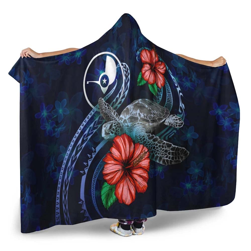 Yap Polynesian Hooded Blanket - Blue Turtle Hibiscus
