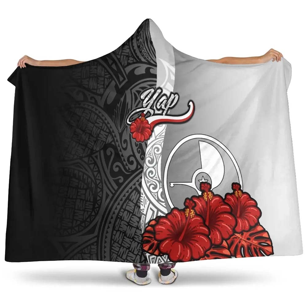 Yap Polynesian Hooded Blanket- Coat Of Arm With Hibiscus White