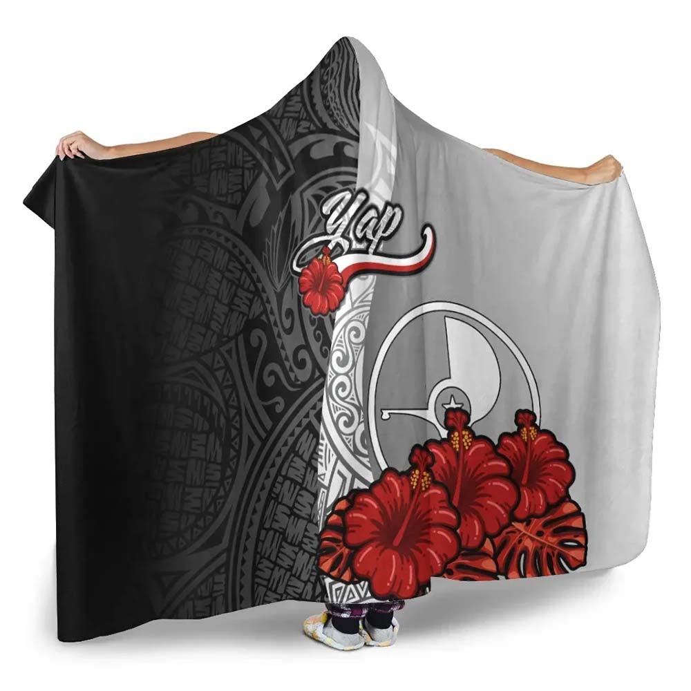 Yap Polynesian Hooded Blanket- Coat Of Arm With Hibiscus White