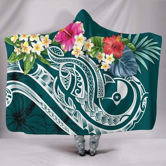 YAP Polynesian Hooded Blanket - Summer Plumeria (Turquoise)