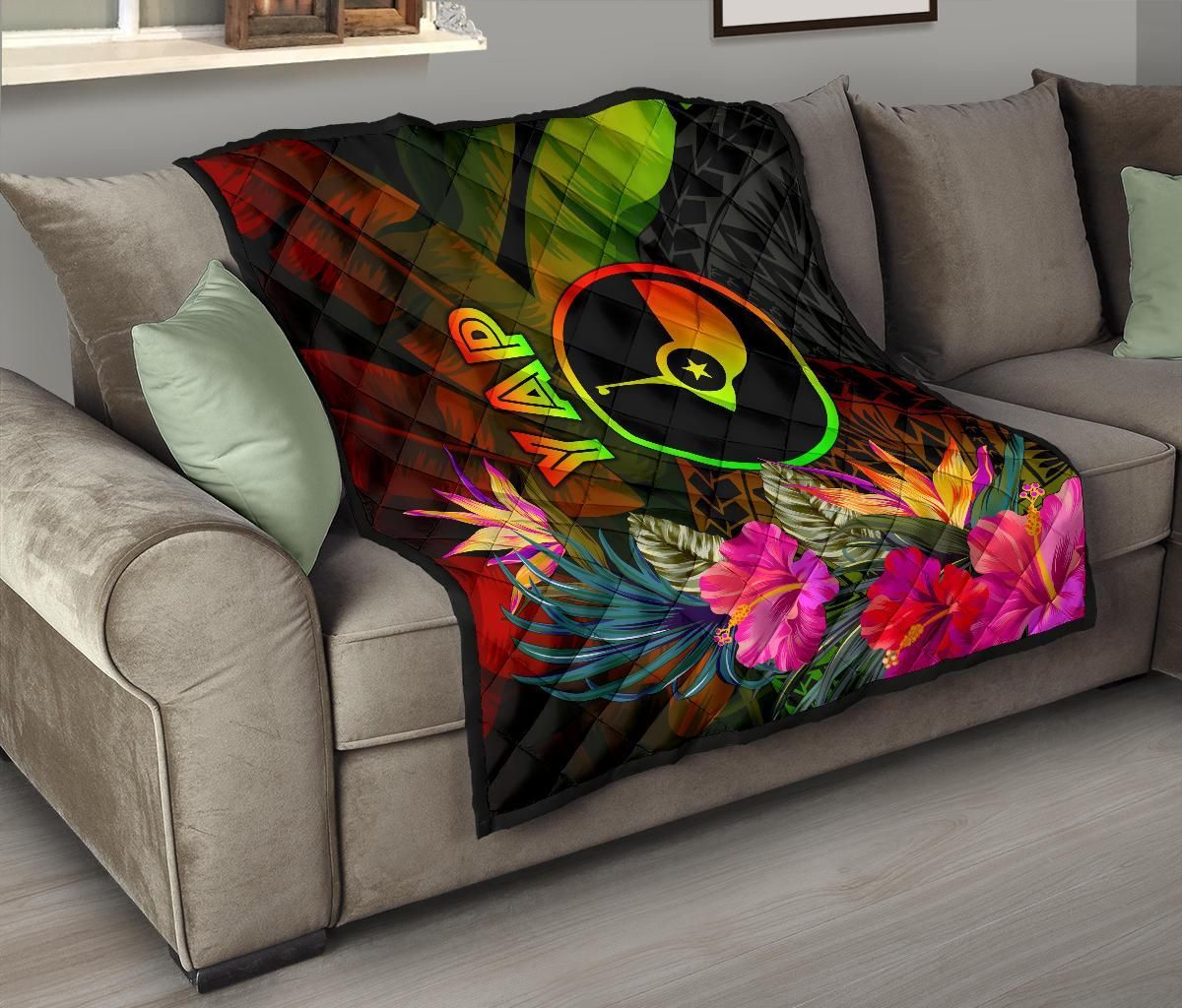 YAP Polynesian Premium Quilt - Hibiscus and Banana Leaves