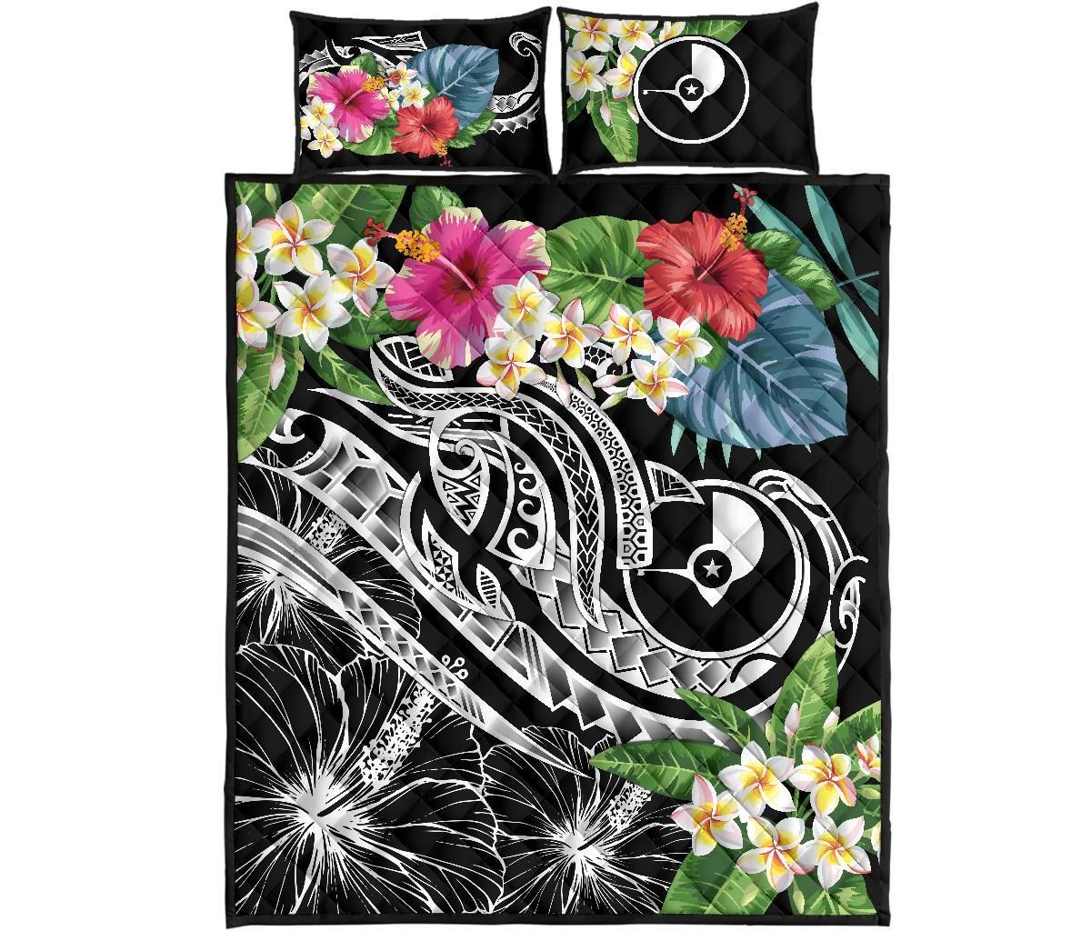 Yap Polynesian Quilt Bed Set - Summer Plumeria (Black)