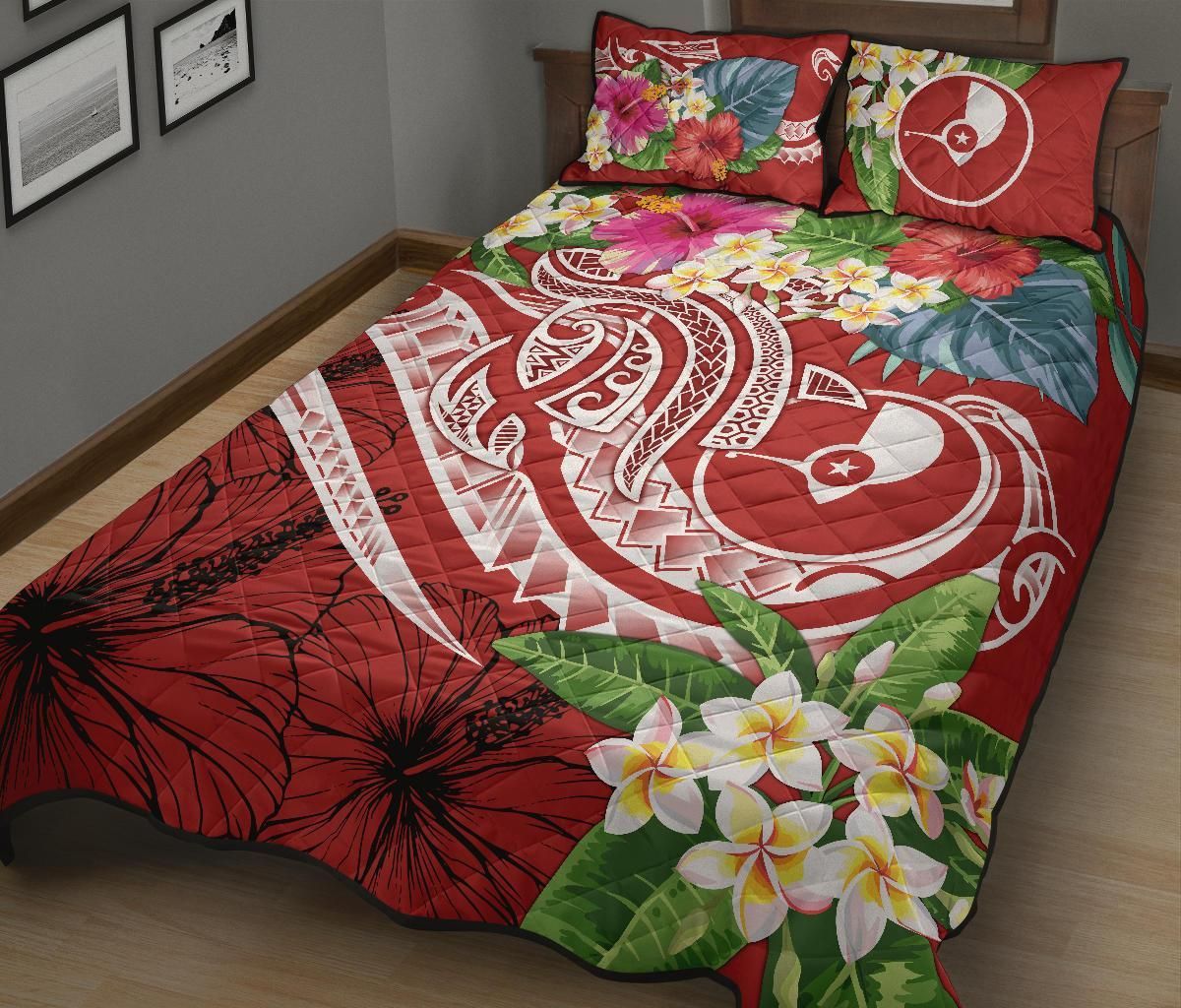 Yap Polynesian Quilt Bed Set - Summer Plumeria (Red)