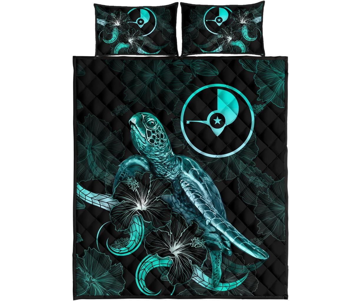 Yap Polynesian Quilt Bed Set - Turtle With Blooming Hibiscus Turquoise