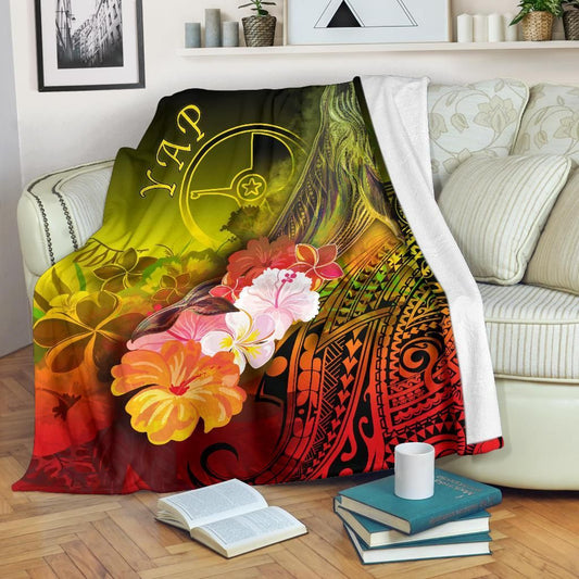 Yap Premium Blanket - Humpback Whale with Tropical Flowers (Yellow)