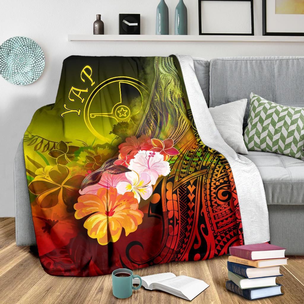 Yap Premium Blanket - Humpback Whale with Tropical Flowers (Yellow)