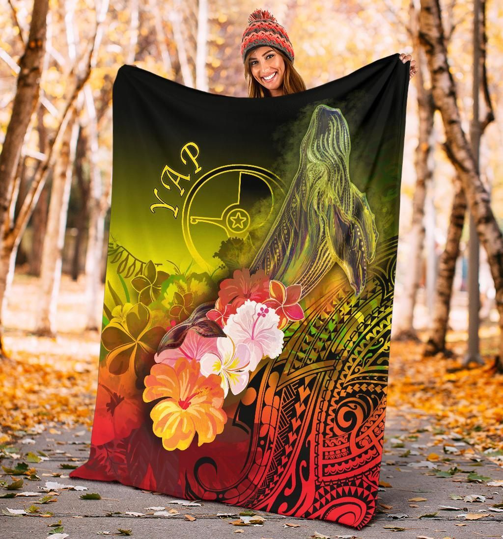 Yap Premium Blanket - Humpback Whale with Tropical Flowers (Yellow)