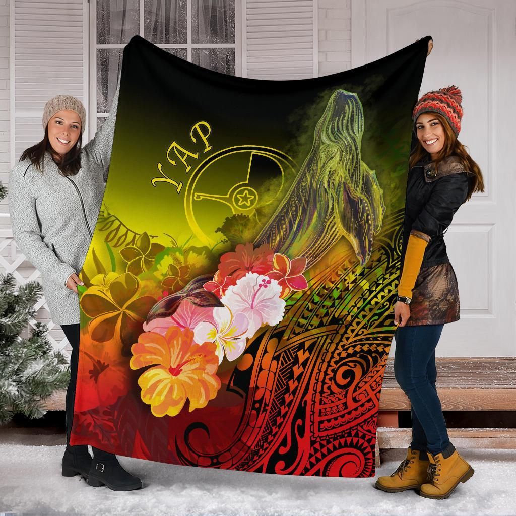 Yap Premium Blanket - Humpback Whale with Tropical Flowers (Yellow)