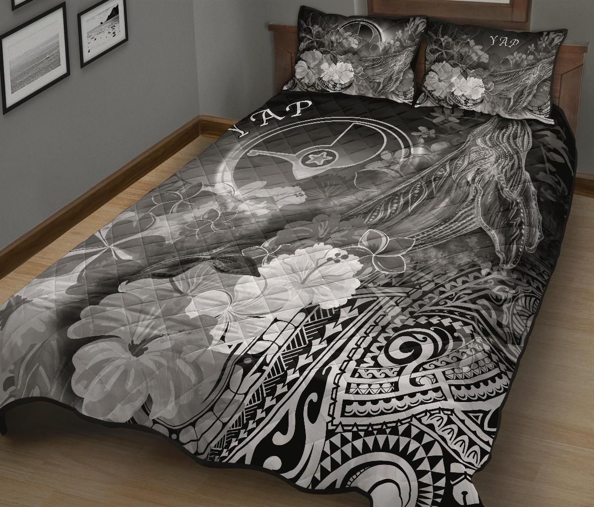 Yap Quilt Bed Set - Humpback Whale with Tropical Flowers (White)